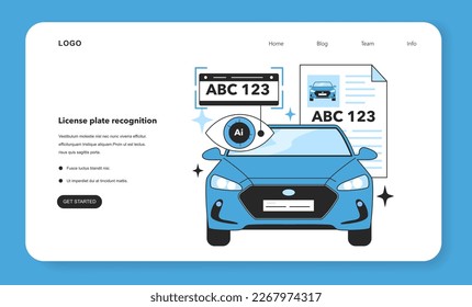 Neural network in license plate recognition. Self-learning computing system processing data. Modern deep machine learning technology. Flat vector illustration