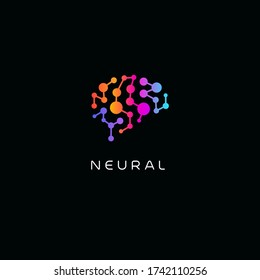 Neural network logo. Human brain emblem. Artificial intelligence icon. Creative thinking vector illustration. Isolated science innovation sign. Colorful neurobiology symbol. 