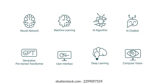 neural network, machine learning, ai algorithm, ai chatbot, generative pre trained transformer, user interface, deep learning, computer vision icon set vector illustration 