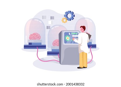 Neural Network. Man standing at control panel and programming brains in glass pods connected into network
