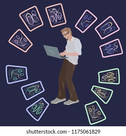 Neural network. Man, student programmer with laptop. 