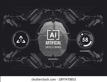 Neural network mega-data processing, template interface design. Futuristic design of an Artificial Intelligence brain with circuit board, Machine learning technology concept.