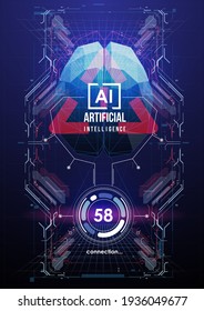 Neural network mega-data processing, template interface design. Futuristic design of an Artificial Intelligence brain with circuit board, Machine learning technology concept.