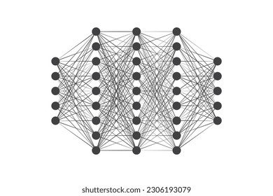 Neural network model on white background. Artificial intelligence, Data science. Vector illustration. Black and white colors
