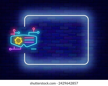 Banner de neón de red neural. Gafas humanas y marco blanco vacío. Tecnología futurista. Inteligencia artificial. Copiar espacio. Cartel brillante. Trazo editable. Ilustración vectorial de stock