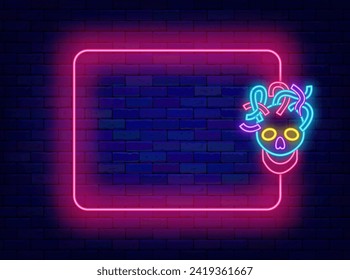 Neural network neon banner. Robot brain. Human skull with wires and empty pink frame. Futuristic technology. Artificial intelligence. Copy space. Glowing poster. Editable stroke. Vector illustration