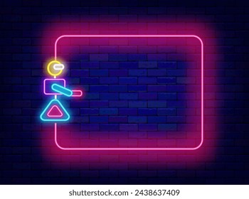 Neural network neon flyer. Robot helper. Human bot and empty pink frame. Futuristic technology. Artificial intelligence. Copy space. Glowing poster. Editable stroke. Vector stock illustration