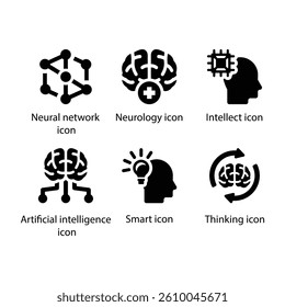 Neural network, Neurology, Intellect, Artificial intelligence, Smart, Thinking, Black Icon Set