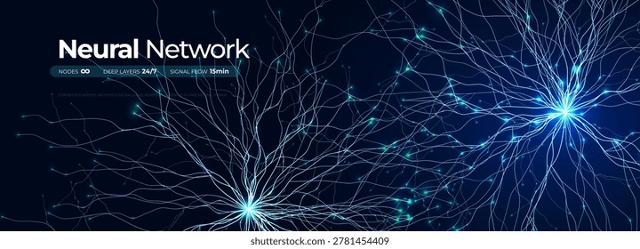 Neural Network Neurone Firing Synapse Connections Fractal Web for Biotech Science Technology Background. Neuron Cell, Digital AI Brain Medical Tech, Data Analysis Visualisation. Vector Illustration