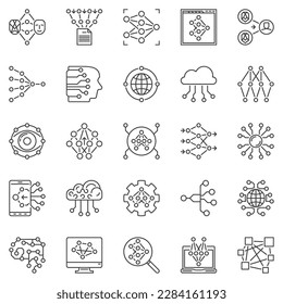Conjunto de iconos de contorno de red neural - Inteligencia artificial y tecnología de aprendizaje automático colección de símbolos de línea vectorial