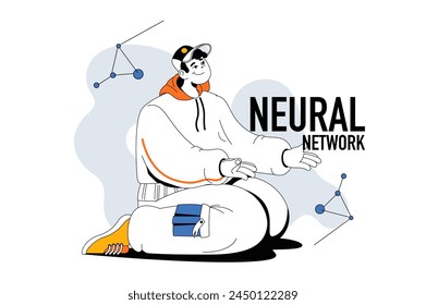 Neural network outline web modern concept in flat line design. Man interacting with artificial intelligence and machine learning. Vector illustration for social media banner, marketing material.