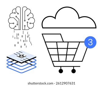 Neural network powering cloud-based online shopping cart with layers of data and binary code. Ideal for AI, machine learning, ecommerce, technology, online shopping, data analysis, cloud computing