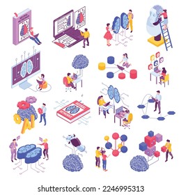 Neural network programmer set with technology symbols isometric isolated vector illustration