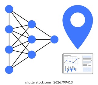 Red neuronal representada por nodos conectados, un pin de ubicación azul y un gráfico de datos con gráficos. Ideal para conceptos de IA, análisis de datos, servicios basados en la ubicación, integración de tecnología, negocios