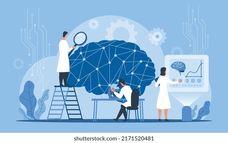 Neural network research. Men and women study brain, modern technologies and innovations. Scientists in laboratory with magnifying glass. Biology and anatomy. Cartoon flat vector illustration