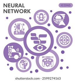 Neural network symbols collection or sketches, deep learning theme bubbles in glyph style signs for web and app. Vector graphics isolated on white background