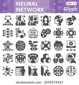 Neural network symbols collection or sketches, deep learning theme bar in glyph style signs for web and app. Vector graphics isolated on white background