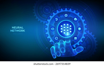 Conceito de tecnologia de rede neural. IA Inteligência Artificial. Aprendizado de Máquina. Aprendizagem profunda. Big data. Interface digital de toque manual com engrenagens e ícones interconectados. Ilustração vetorial.