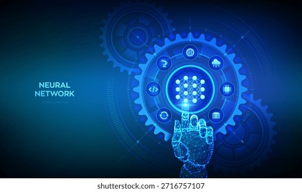 Concepto de tecnología de red neuronal. IA. Inteligencia artificial. Aprendizaje automático. Interfaz digital táctil con engranajes e iconos interconectados. Aprendizaje profundo. Big data. Ilustración vectorial.