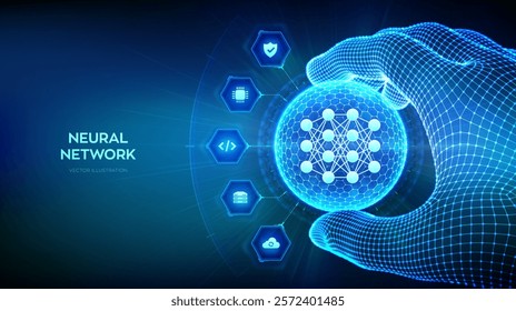 Neural network technology concept in the shape of sphere with hexagon pattern in wireframe hand. AI. Artificial Intelligence. Machine Learning. Deep learning. Big data analysis. Vector illustration.