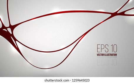 Neural network template with flare light. Red nodes vector illustration. Modern science object realistic scene. Technologic design mockup. Artificial intelligence viz. Virtual connection material.