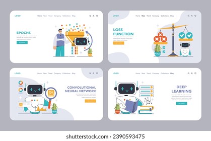 Neural Network web or landing set. Machine learning key concepts. Convolutional, recurrent networks, deep learning insights. Loss function, bias, epochs. Flat vector illustration