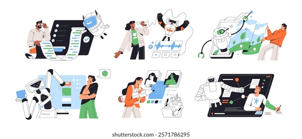 Neural networks abilities concept set. People create art, music, programming with artificial intelligence assistant. AI robots help. Machine learning. Flat isolated vector illustrations on white