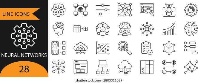 Neural Networks, Artificial Intelligence, and Machine Learning Line Icons.
