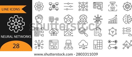 Neural Networks, Artificial Intelligence, and Machine Learning Line Icons.
