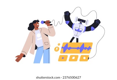 Neural networks concept. AI robot help to record sound. Woman sing with microphone using voice editor. Smart machine technology, artificial intelligence. Flat isolated vector illustration on white