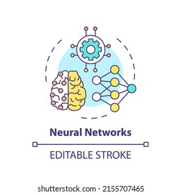 Neural networks concept icon. Interconnected nodes. Field of machine learning abstract idea thin line illustration. Isolated outline drawing. Editable stroke. Arial, Myriad Pro-Bold fonts used