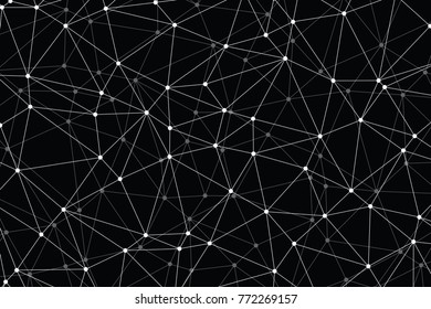 Neural networks conception. Technology concept slide for business presentation from black points of connection lines on black background. Abstract information background