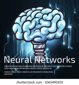 Neural networks creative logo illustration on a background with glowing blue electric plate.