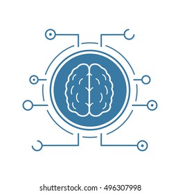 Neural networks icon. Blue silhouette symbol. Human brain in microchip pathways. Artificial intelligence. Negative space. Vector isolated illustration