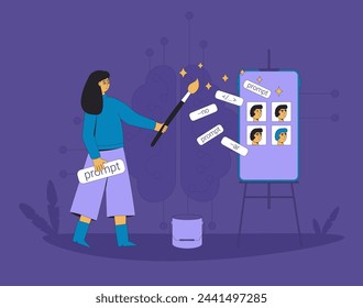 Neural networks. Prompt engineering. Artificial general intelligence helps to designer to create an image. Young artist working with AI. Vector illustration
