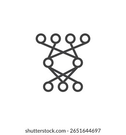 Neural nodes connected by lines line icon. Outline vector icon symbolizing deep learning and AI. Clean stroke symbol representing artificial neural models.