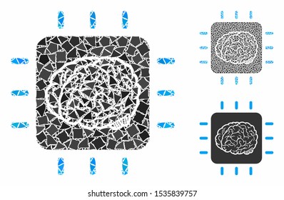 Neural processor composition of rough pieces in variable sizes and color tones, based on neural processor icon. Vector tremulant pieces are grouped into collage.