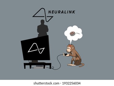 neuralink, Elon Musk monkey,  monkey playing on the computer, funny vector illustration. Vector