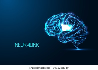 Neuralink, neural innovation futuristic concept wuth human barin with implant in glowing low polygonal style on dark blue background. Modern abstract connection design vector illustration.