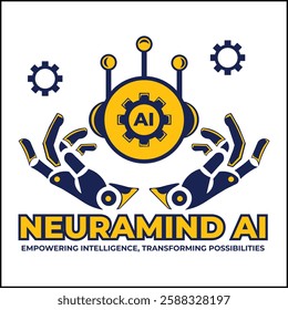neuramind ai logo illustration vector design with robot hand and head in yellow and blue colors. suitable for logos, icons, posters, advertisements, banners, companies, t-shirt designs, stickers, web.