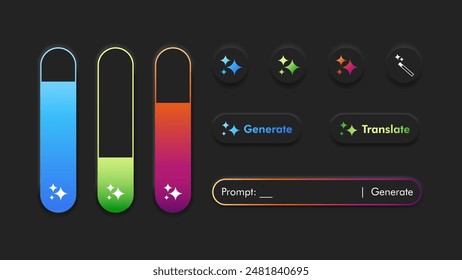 Neurmorphism UI design for artificial intelligence tools. Generative AI icon and button sets isolated on black background. Vector template for website, mobile app