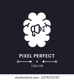 Icono de escritorio sólido blanco para publicidad neuro. Comercialización del cerebro humano. Comportamiento de los consumidores. Píxel perfecto 128x128, contorno 4px. Símbolo de silueta para el modo oscuro. Pictograma de glifo. Imagen aislada del vector