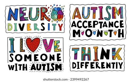 Neuro diversity, autism acceptance. Creative hand-drawn lettering in a pop art style. Human minds and experiences diversity. Inclusive, understanding society. Vector illustration on a white background