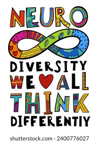 Neuro diversity, autism acceptance. Creative hand-drawn lettering in a pop art style. Human minds and experiences diversity. Inclusive, understanding society. Vector illustration on a white background