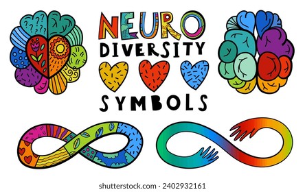 Neuro diversity, autism symbols. Creative hand-drawn icons in a pop art style. Human minds and experiences diversity. Inclusive, understanding society. Vector illustration on a white background