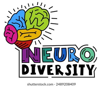 Neuro diversity lettering in a vibrant spectrum of colors. This vividness represents the diversity of human minds and experiences. Pop art editable vector illustration isolated on a white background