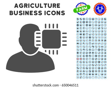 Neuro Interface gray icon with agriculture commercial glyph set. Vector illustration style is a flat iconic symbol. Agriculture icons are rounded with blue circles.