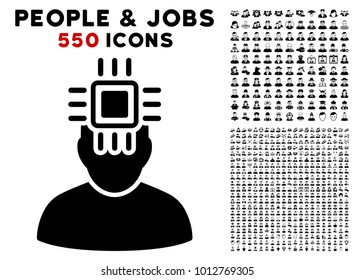 Neuro Interface icon with 550 bonus pitiful and happy person symbols. Vector illustration style is flat black iconic symbols.