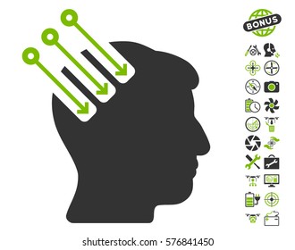 Neuro Interface icon with bonus aircopter service graphic icons. Vector illustration style is flat iconic eco green and gray symbols on white background.