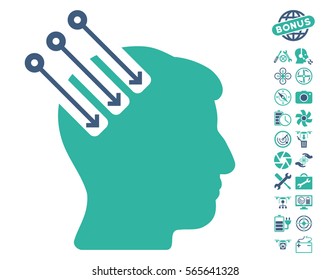 Neuro Interface icon with bonus airdrone tools pictures. Vector illustration style is flat iconic cobalt and cyan symbols on white background.